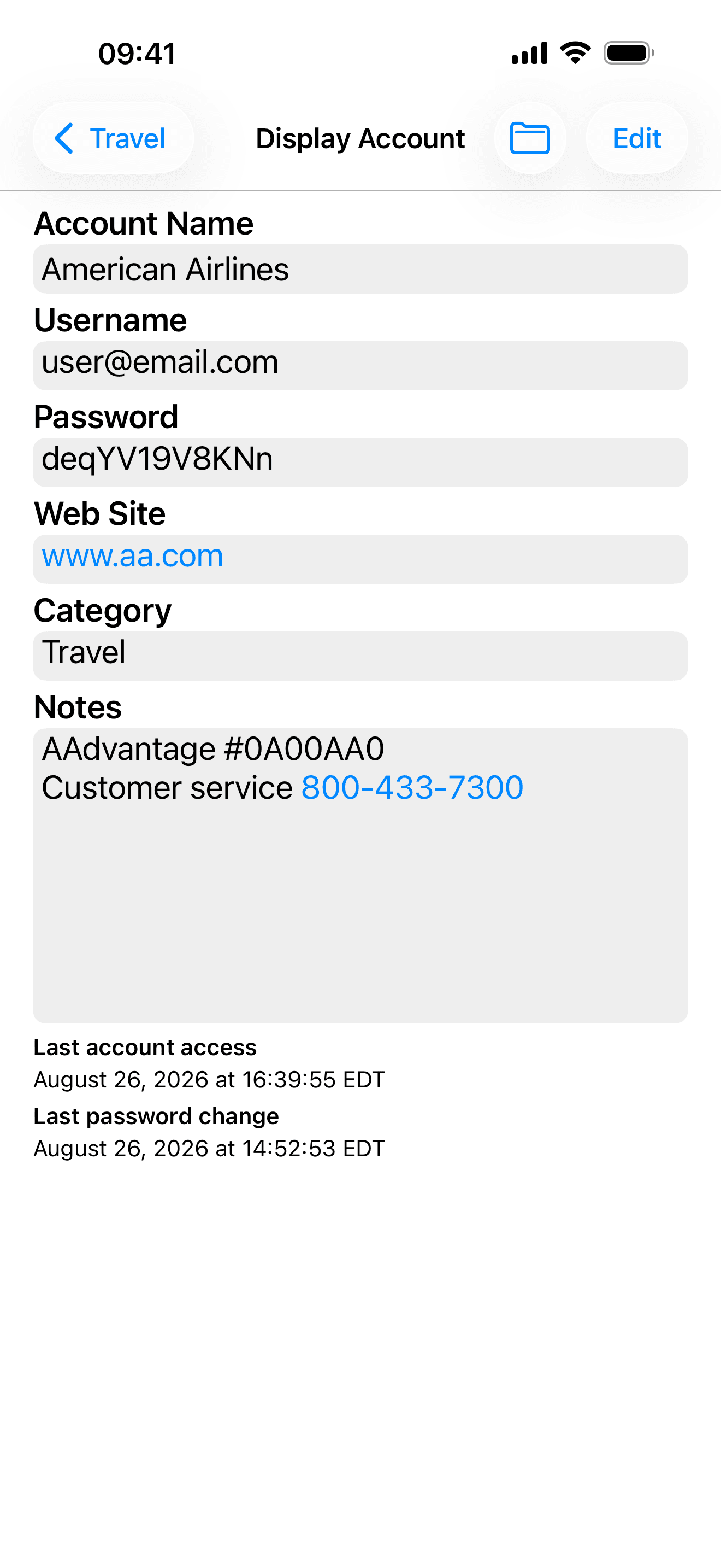 Display of account information